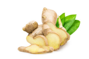 Fresh ginger (Zingiber officinale) with the leaf on white background. Commercial image of medicinal plant isolated with clipping path.