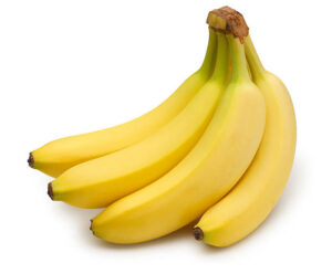 A cluster of ripe, yellow bananas with a greenish hue near the stems, isolated on a white background. The bananas appear fresh and are arranged in a slightly curved shape, highlighting their natural form