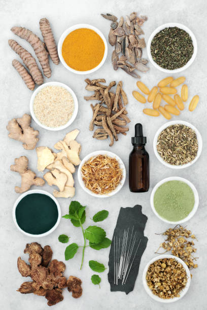 Herbs and spices and acupuncture needles used in chinese herbal medicine to treat for irritable bowel syndrome with dietary supplement powders. Flat lay.